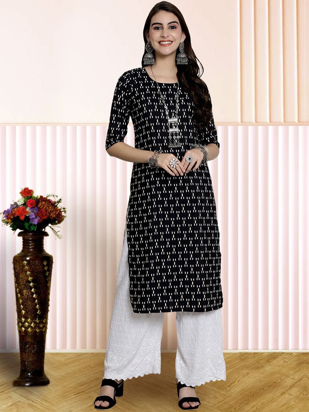 

7Threads Geometric Printed Straight Kurta, Black