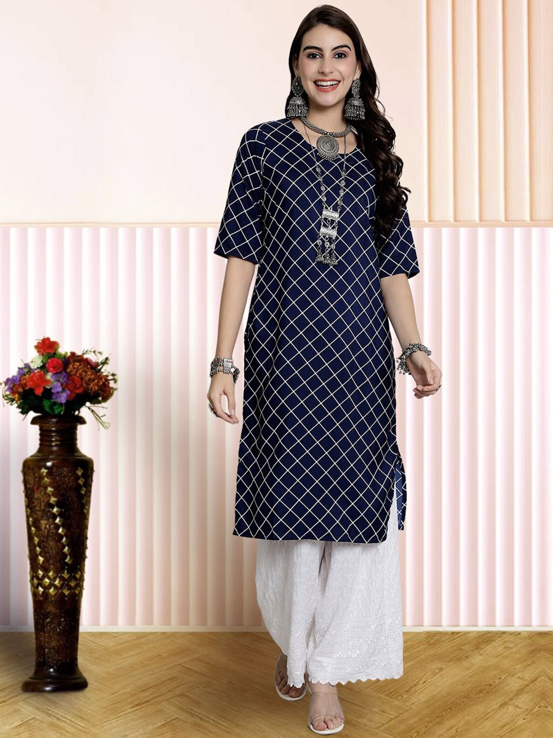 

7Threads Geometric Printed Straight Kurta, Navy blue