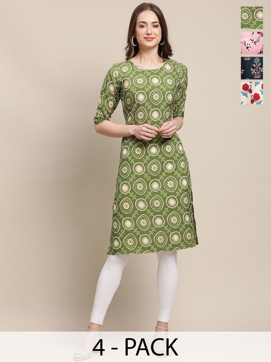 

7Threads Selection Of 4 Ethnic Motifs Printed Straight Kurta, Green