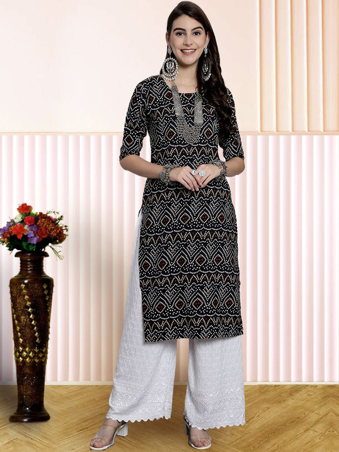 

7Threads Women Ethnic Motifs Printed Straight Kurta, Black
