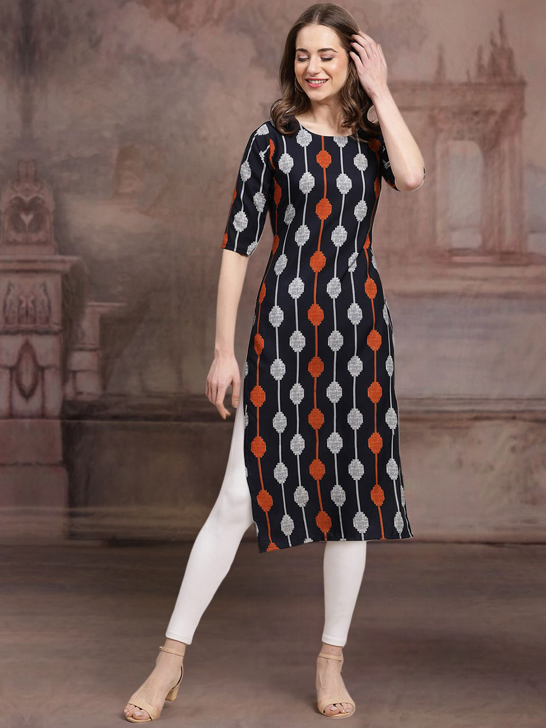 

7Threads Ethnic Motifs Printed Straight Kurta, Black