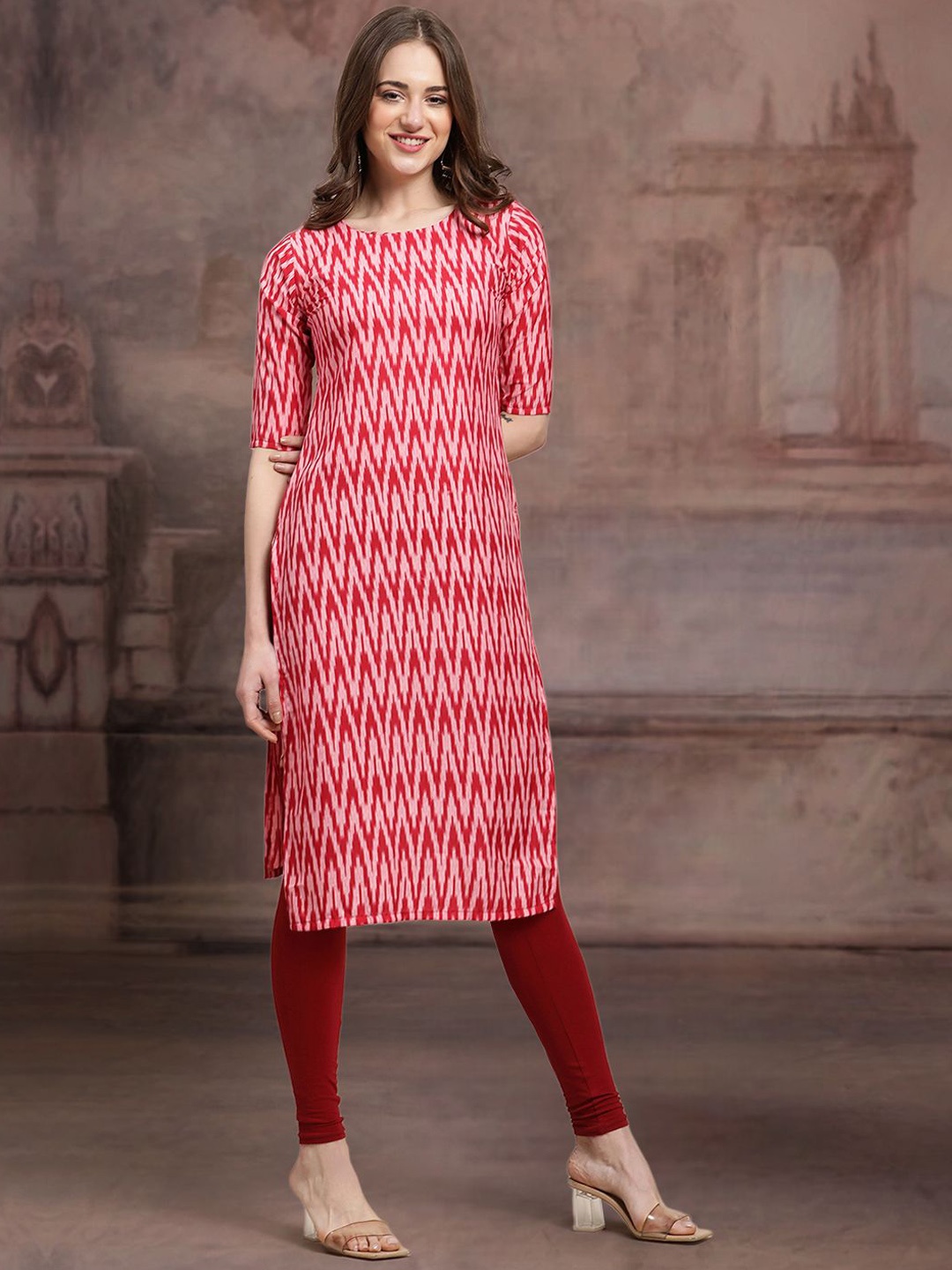 

7Threads Chevron Printed Straight Kurta, Pink