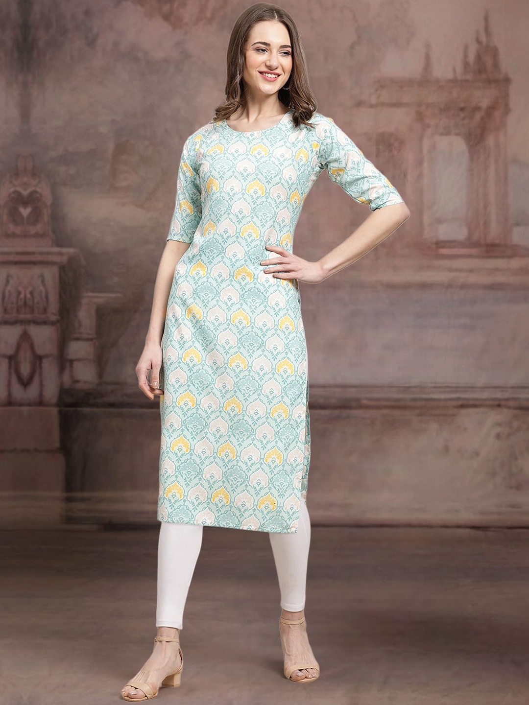 

7Threads Ethnic Motifs Printed Round Neck Straight Kurta, Blue