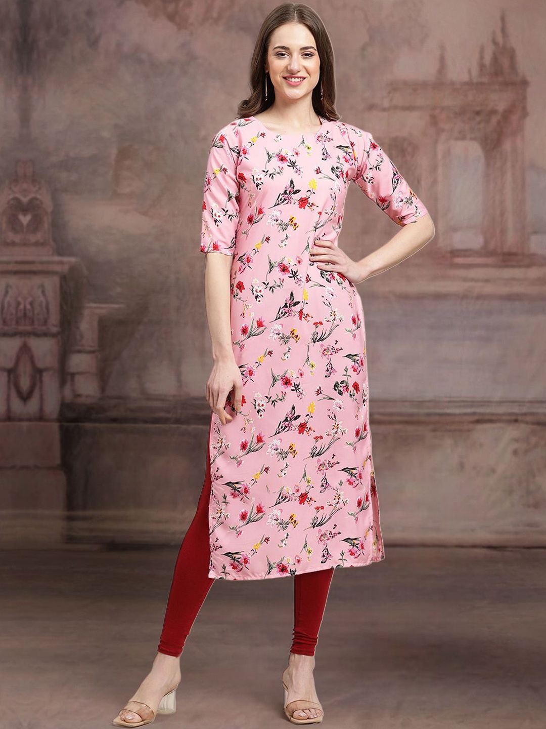 

7Threads Floral Printed Round Neck Straight Kurta, Pink
