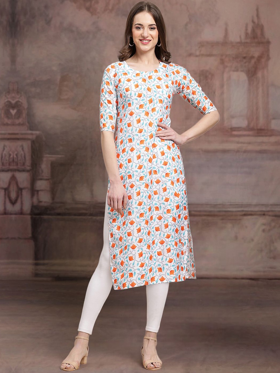 

7Threads Ethnic Motifs Printed Round Neck Straight Kurta, White