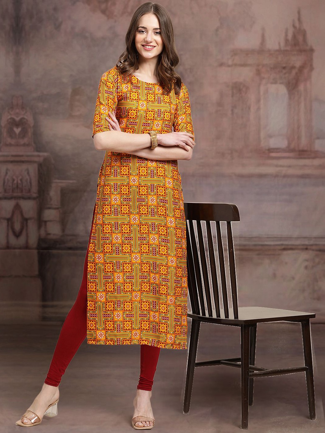 

7Threads Ethnic Motifs Printed Round Neck Straight Kurta, Mustard