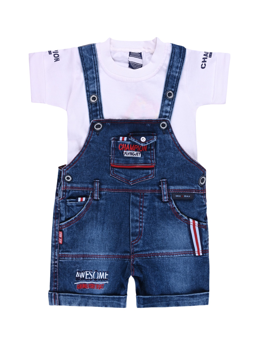 

Wish Karo Infant Boys Embroidered Cotton Dungarees With Printed T-shirt, White