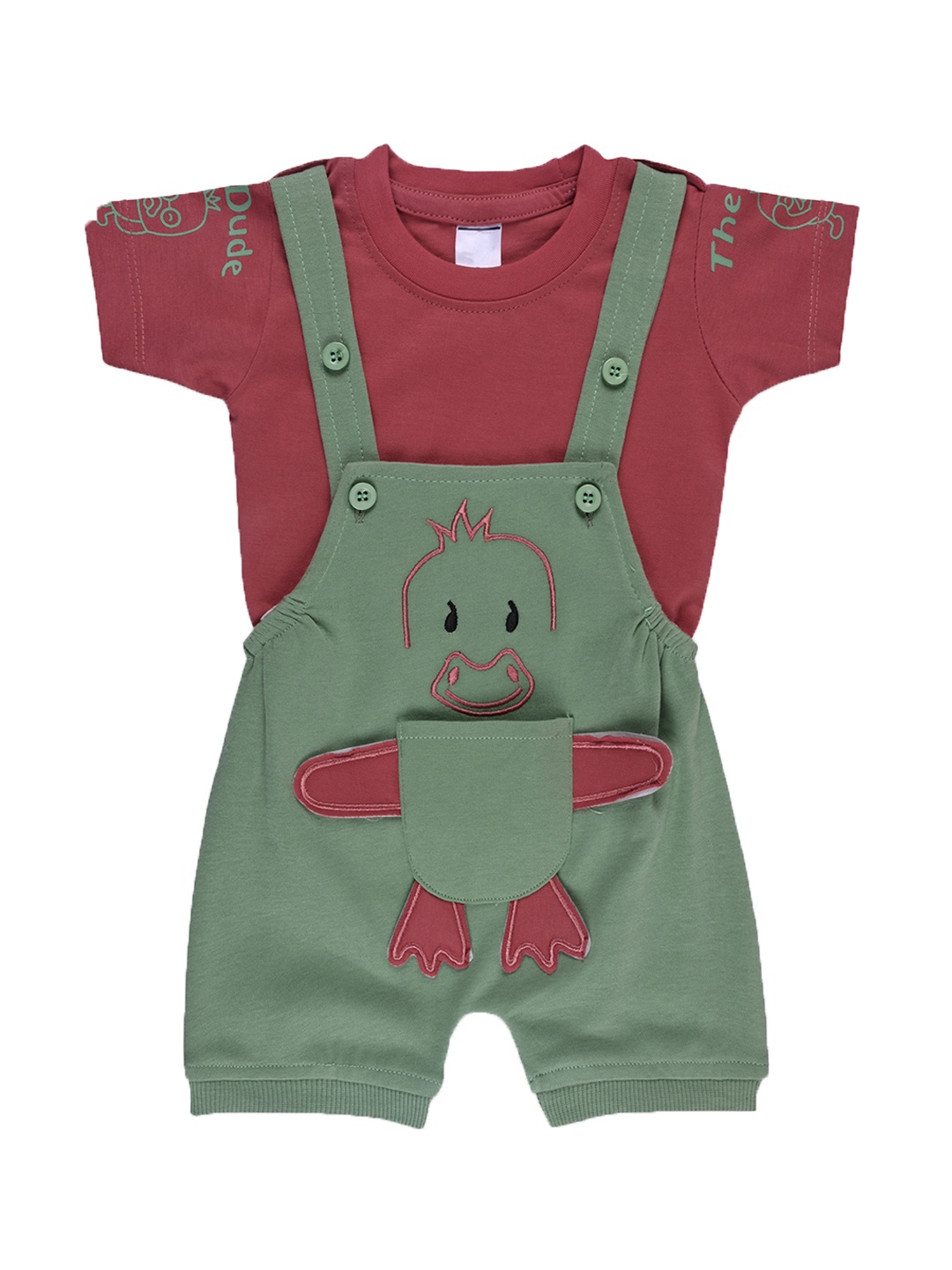 

Wish Karo Infant Boys Printed Cotton Dungarees With T-Shirt, Green