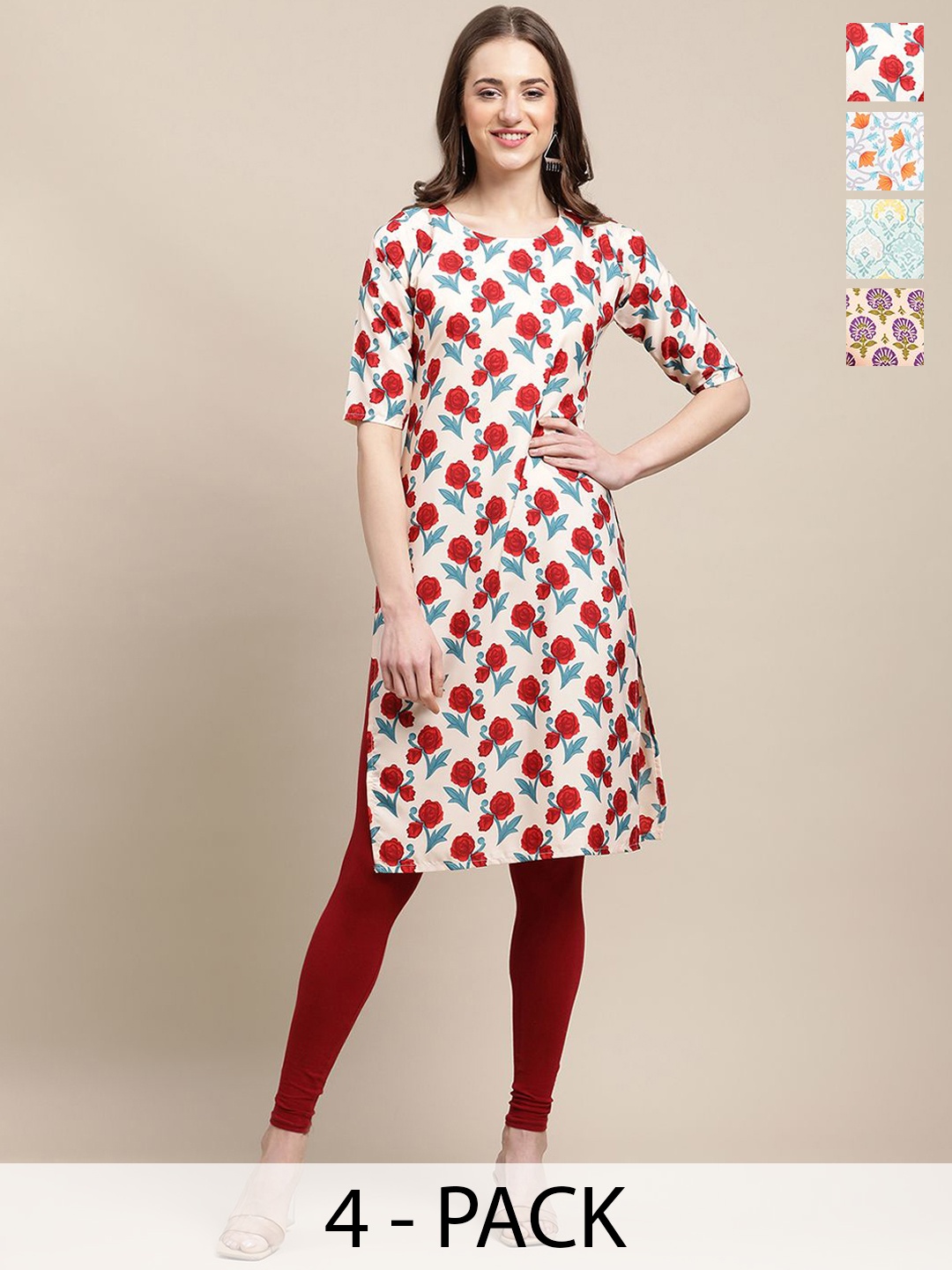 7Threads Selection Of 4 Ethnic Motifs Printed Round Neck Straight Kurta, White