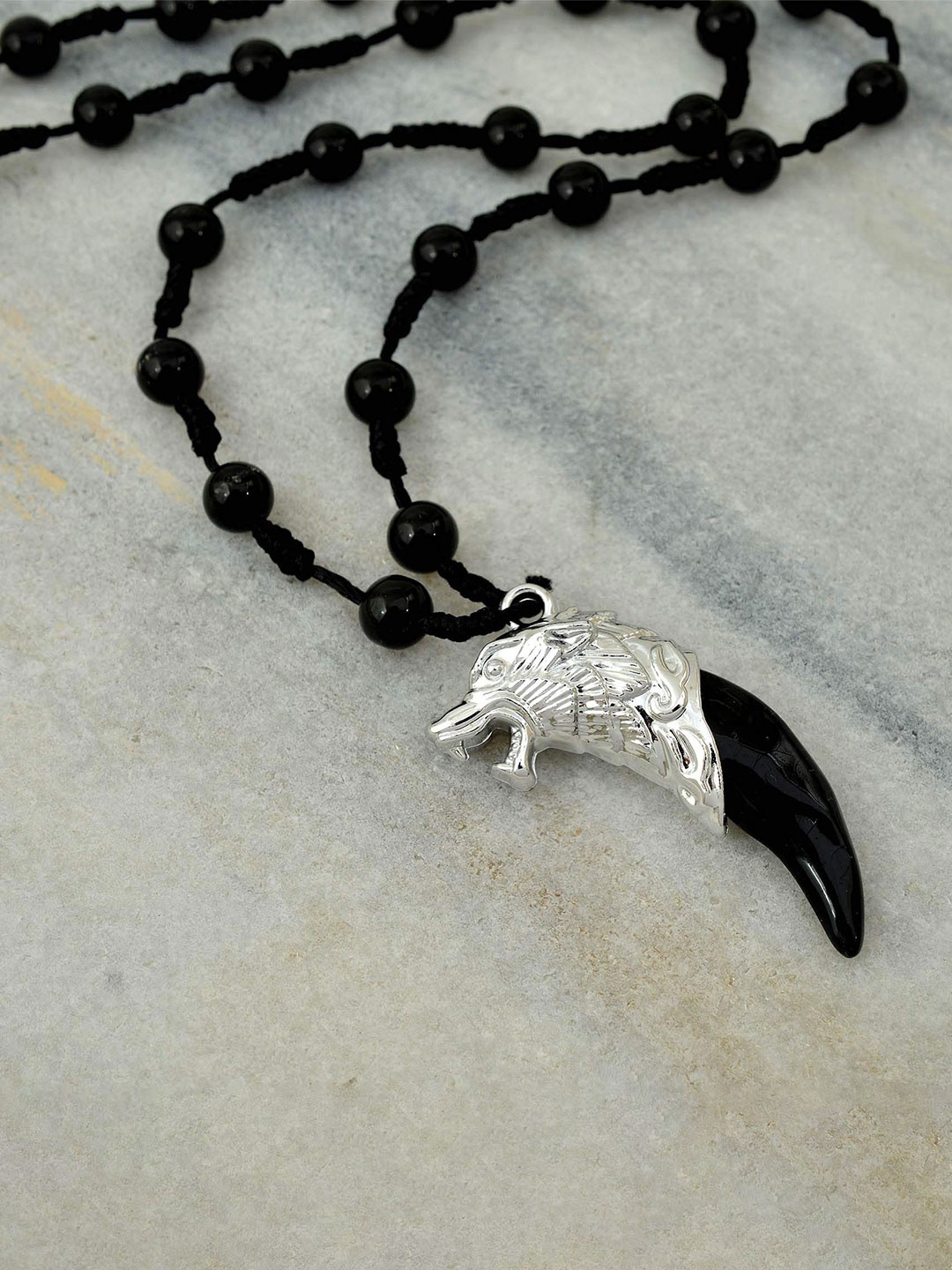 

MEMOIR Tiger Head Shaped Beaded Pendant With Chain, Silver
