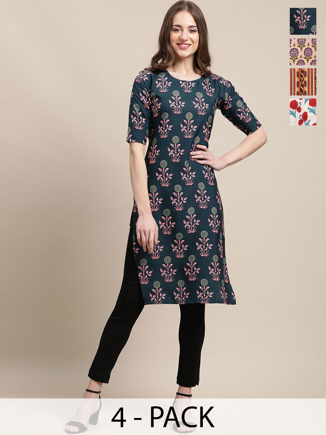 

7Threads Selection 0f 4 Floral Printed Round Neck Straight Crepe Kurta, Green