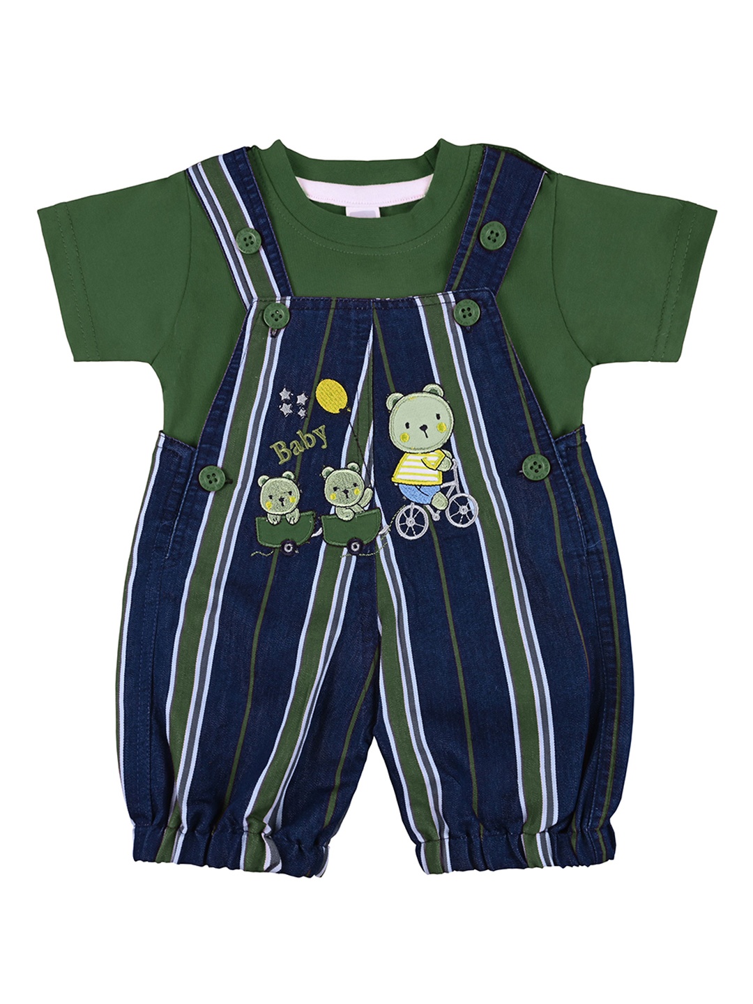 

Wish Karo Infant Boys Striped Cotton Dungarees With T-Shirt, Green