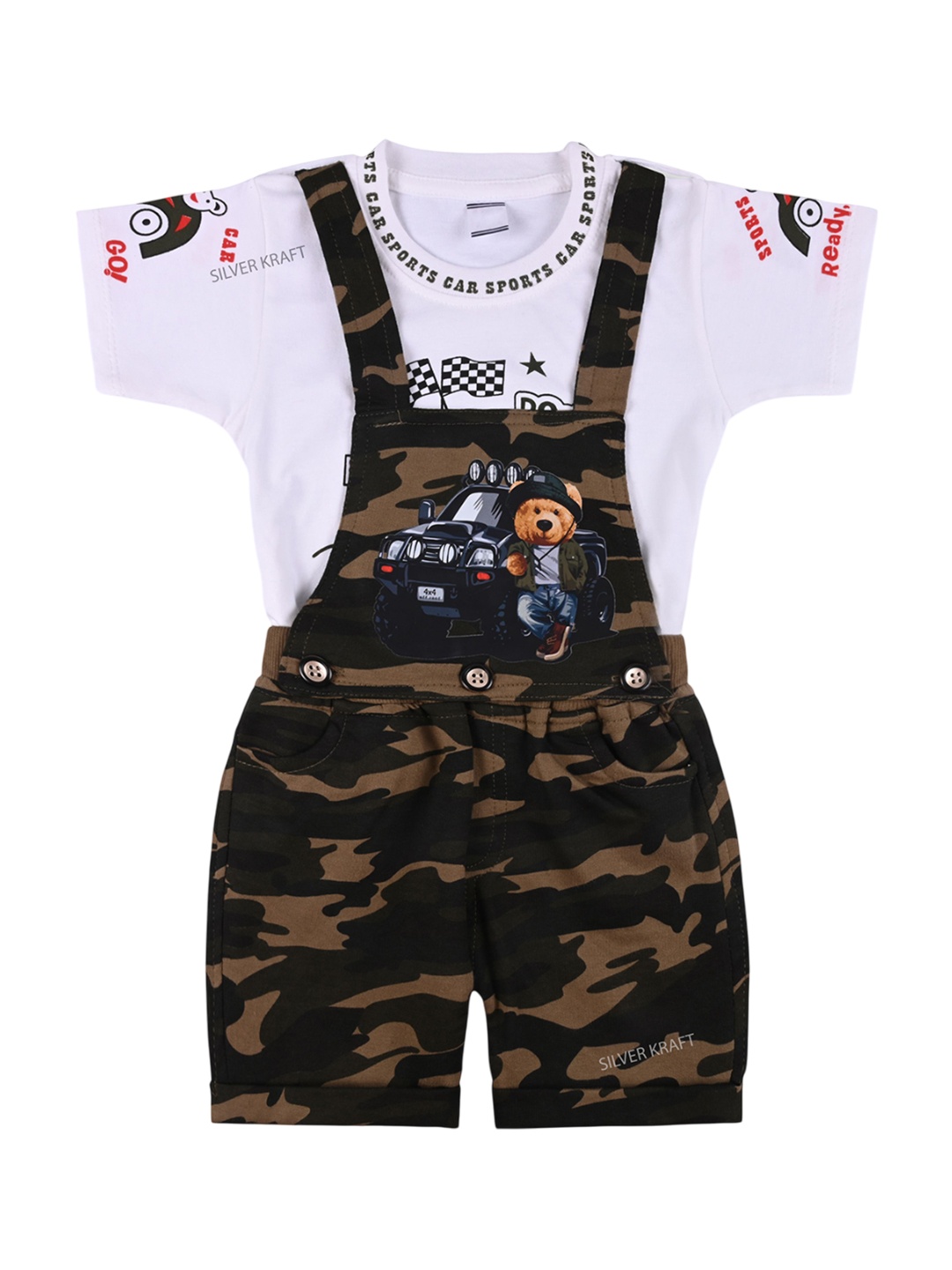 

Wish Karo Infant Boys Printed Cotton Dungarees With T-Shirt, Brown