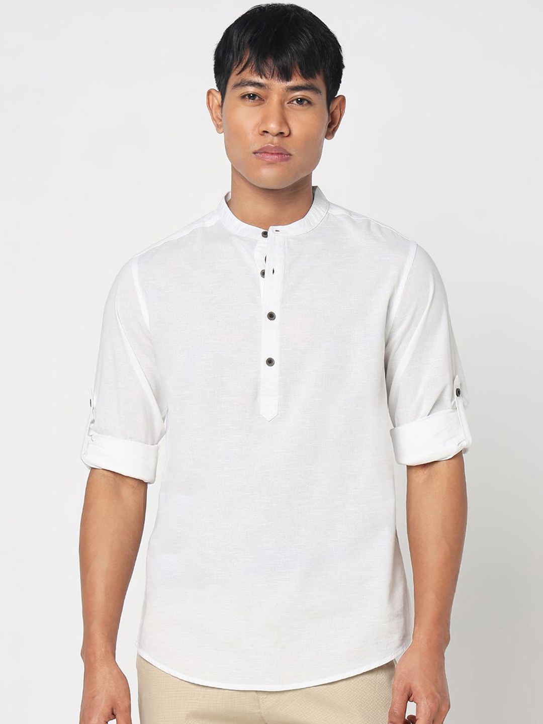 

R&B Men Slim Fit Band Collar Solid Cotton Casual Shirt, White