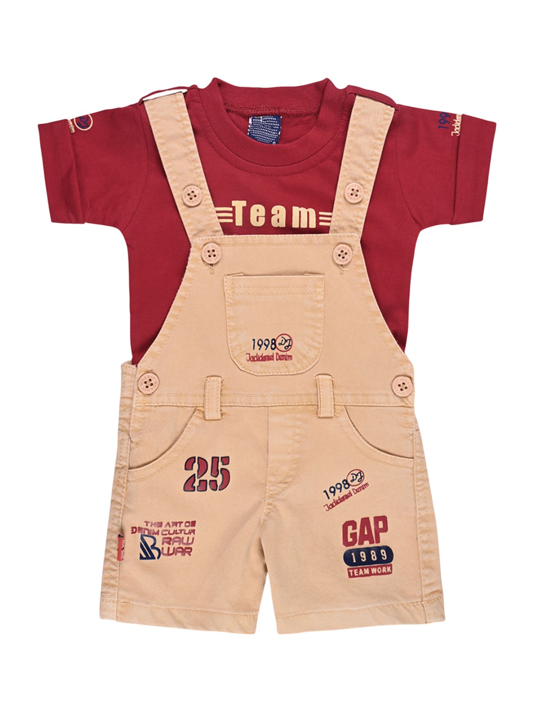 

Wish Karo Boys Printed Cotton Dungarees With T-Shirt, Maroon