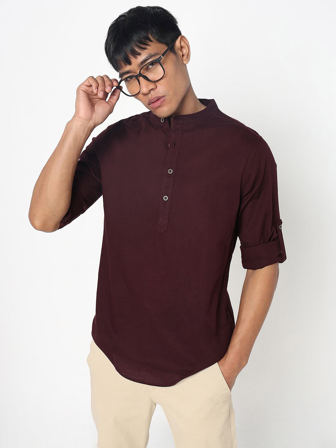 

R&B Men Slim Fit Band Collar Solid Cotton Casual Shirt, Maroon