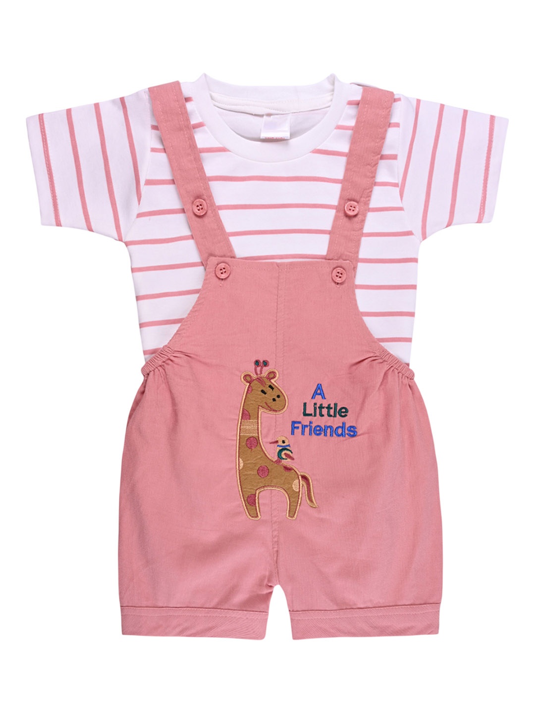 

Wish Karo Boys Embroidered Cotton Dungarees With Striped T-shirt, Peach