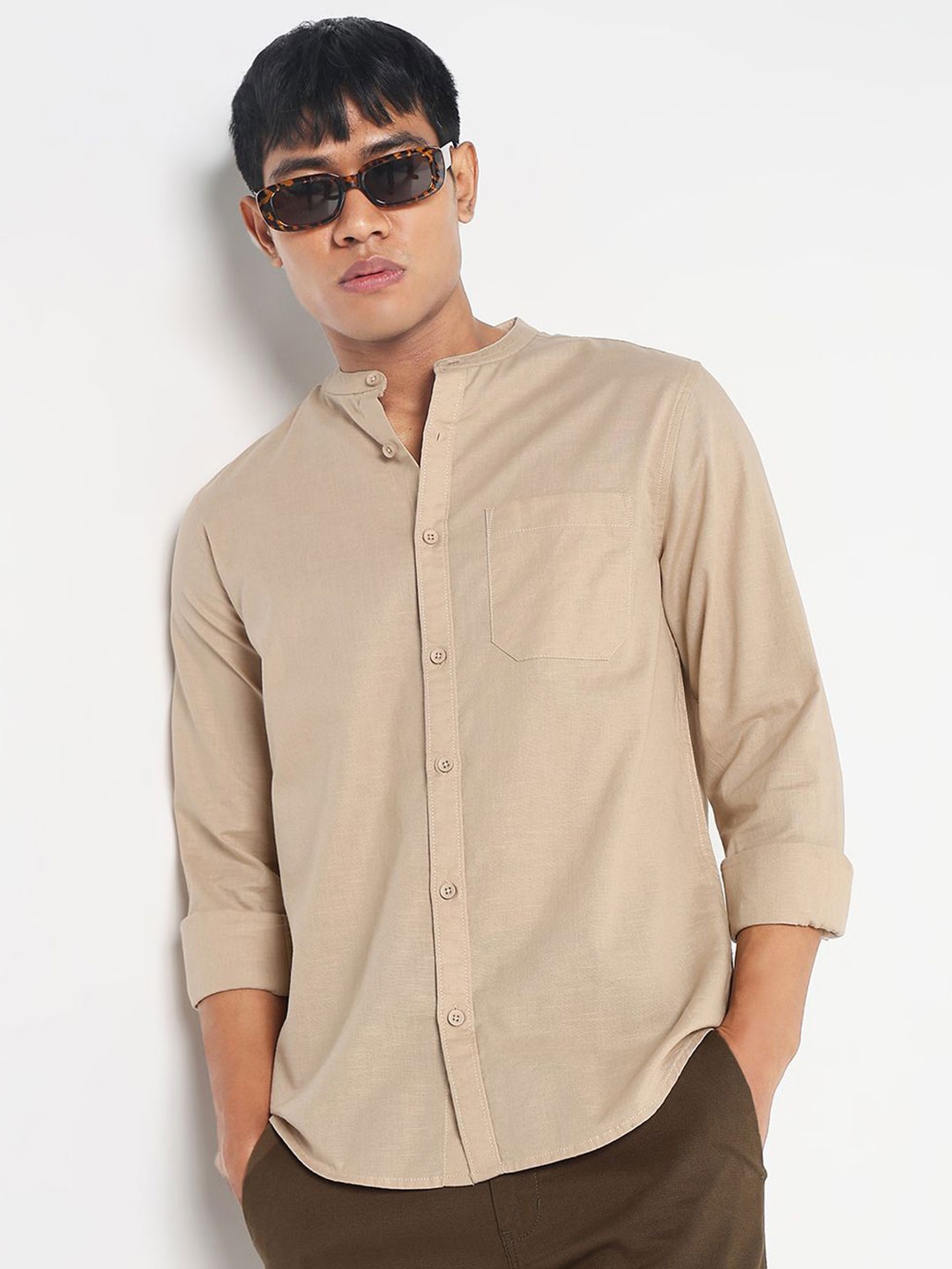 

R&B Men Slim Fit Band Collar Solid Cotton Casual Shirt, Beige