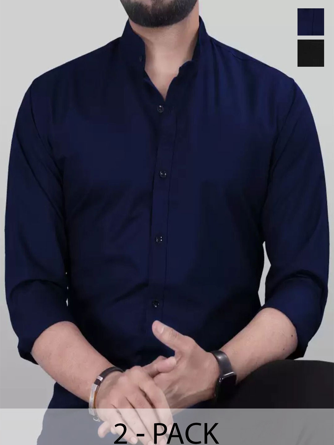

Tanip Men Pack Of 2 Band Collar Solid Cotton Casual Shirts, Navy blue