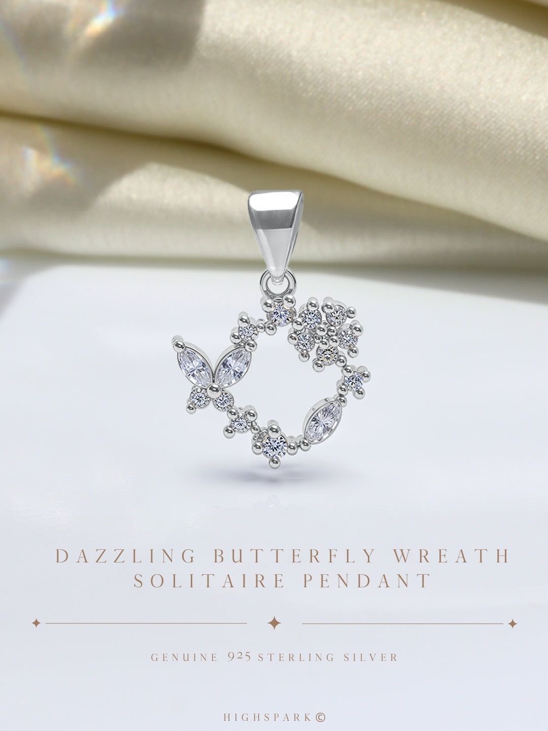 

HighSpark 925 Sterling Silver Dazzling Butterfly Wreath Solitaire Circular Pendants