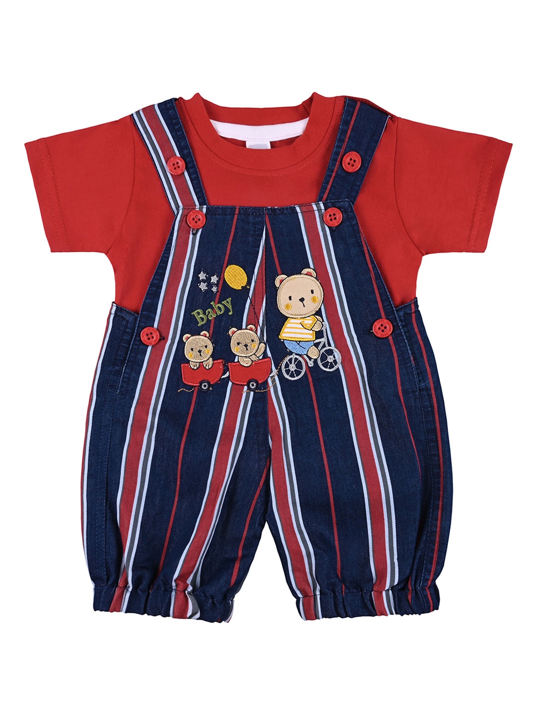 

Wish Karo Infant Boys Embroidered Cotton Dungarees With T-shirt, Red