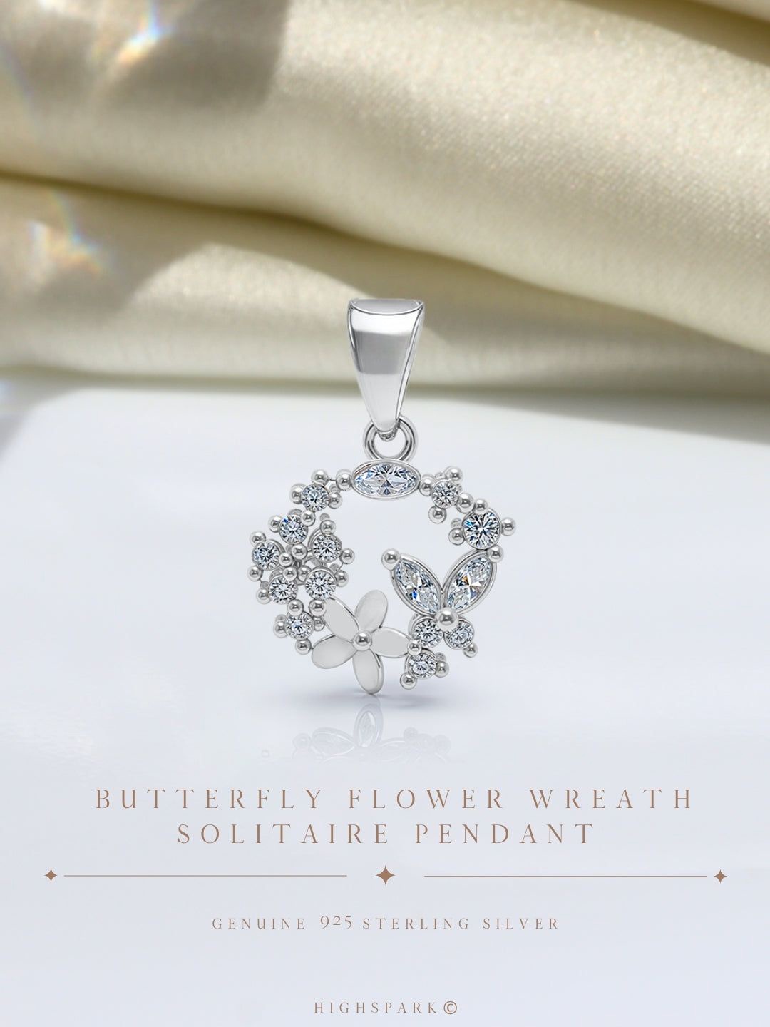

HighSpark 925 Sterling Silver Butterfly Flower Wreath Solitaire Pendants