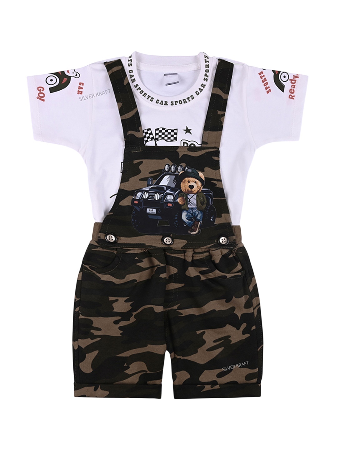 

Wish Karo Infant Boys Printed Cotton Dungarees With T-Shirt, Green