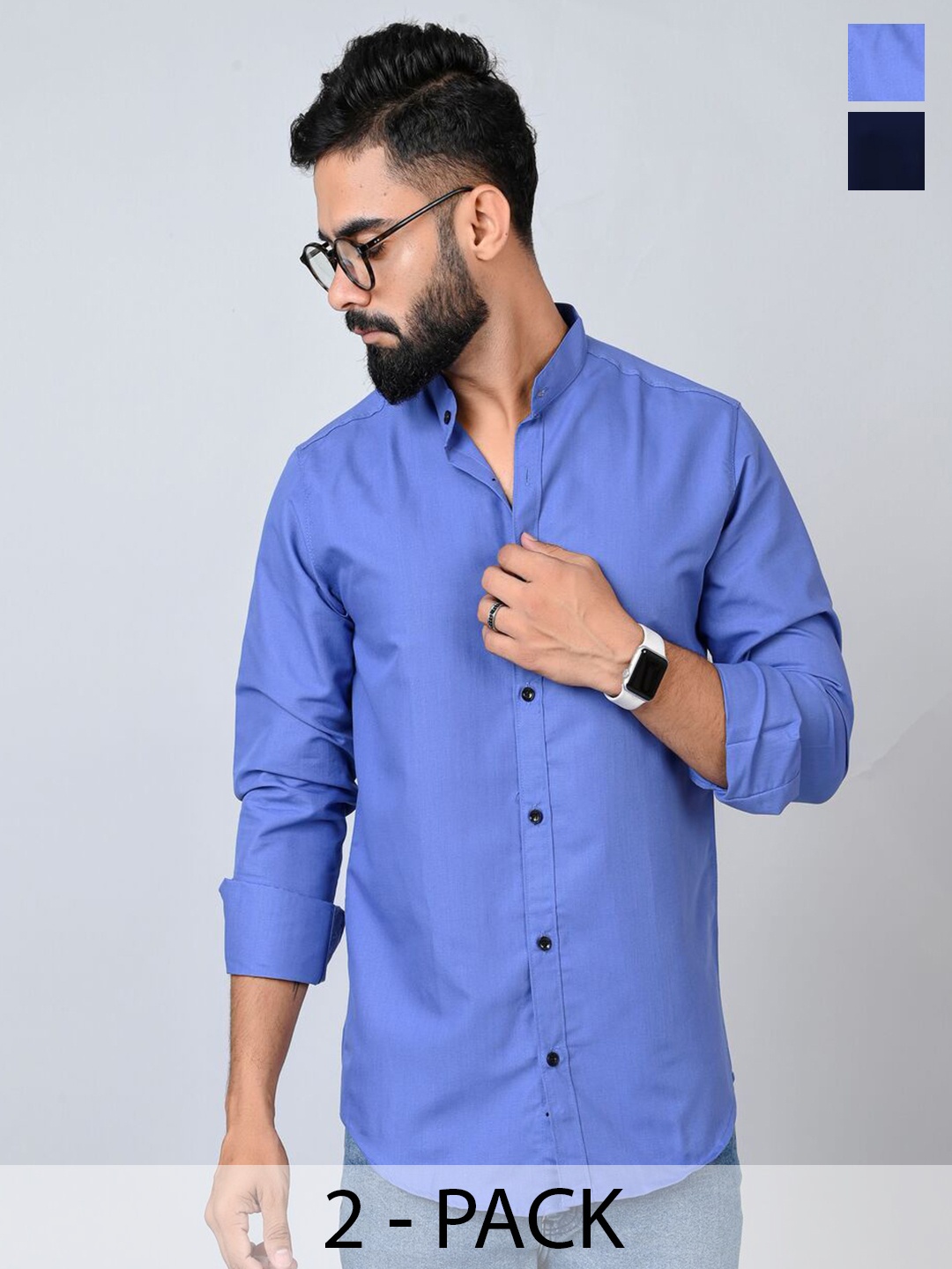

Tanip Men Pack Of 2 Band Collar Solid Cotton Casual Shirts, Blue