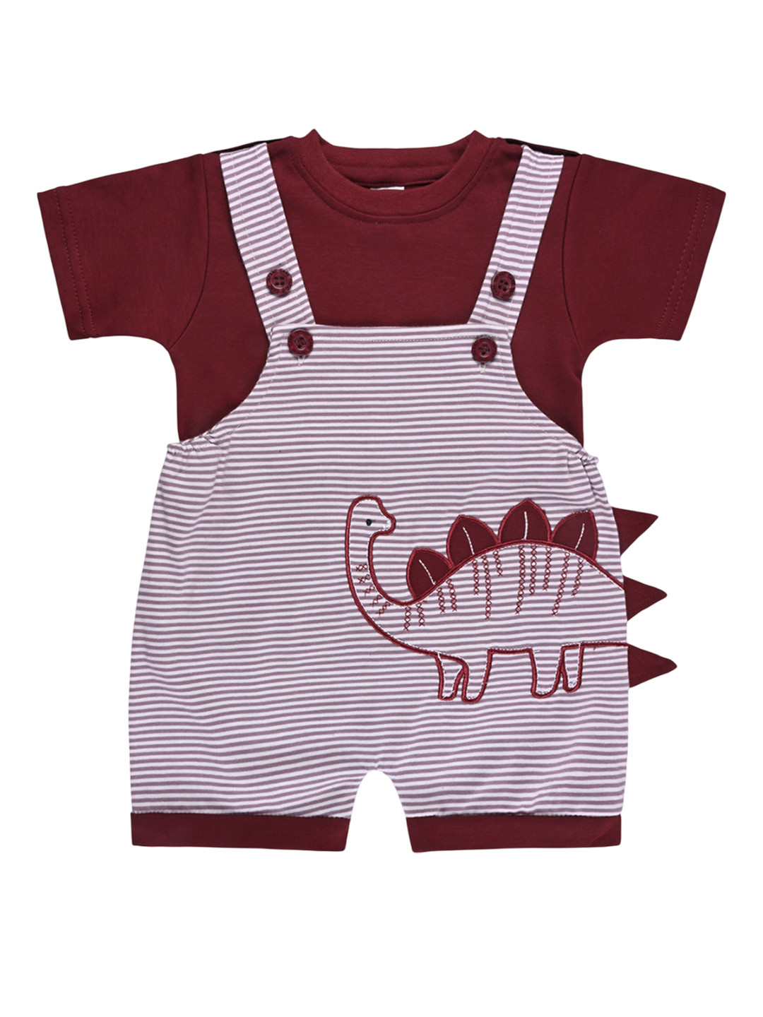 

Wish Karo Boys Embroidered Striped Cotton Dungaree With T-Shirt, Maroon