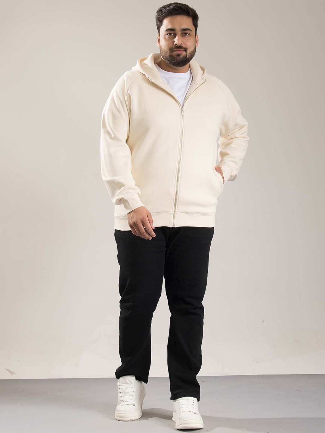 

ONEWAY Men Plus Size Hooded Solid Cotton Casual Bomber Jacket, Off white