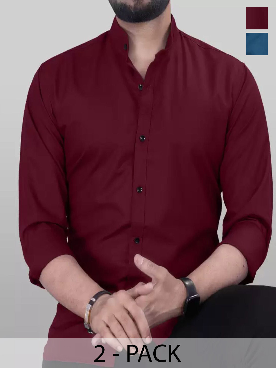 

Tanip Men Pack Of 2 Band Collar Solid Cotton Casual Shirts, Maroon