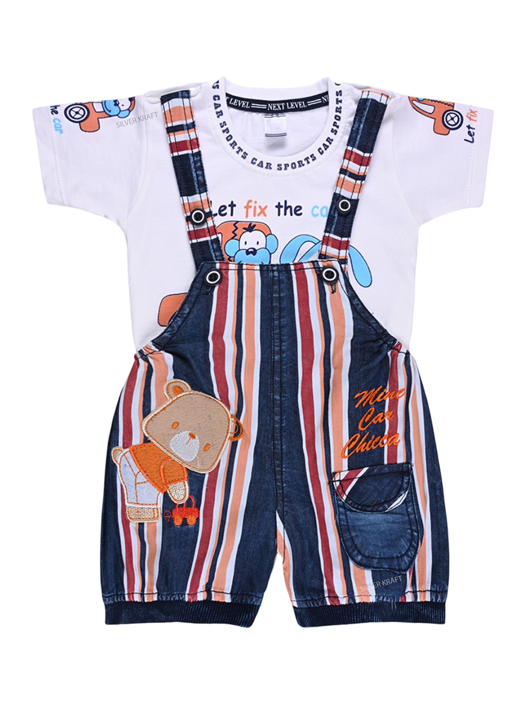 

Wish Karo Boys Striped Cotton Dungaree With T-Shirt, White