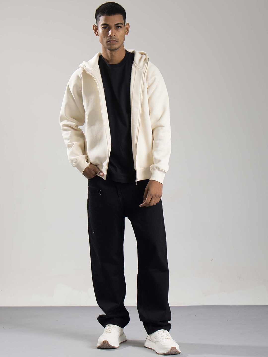

ONEWAY Men Hooded Solid Cotton Casual Bomber Jacket, Off white