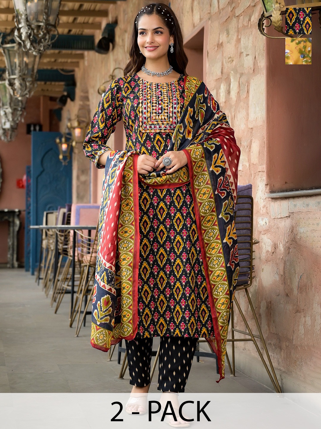 

KALINI Selection Of 2 Ethnic Motifs Printed Straight Kurtas With Trousers And Dupattas, Yellow