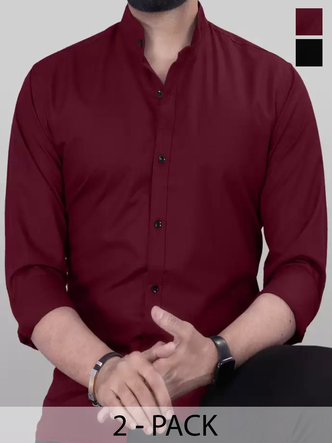 

Tanip Men Pack Of 2 Band Collar Solid Cotton Casual Shirts, Maroon