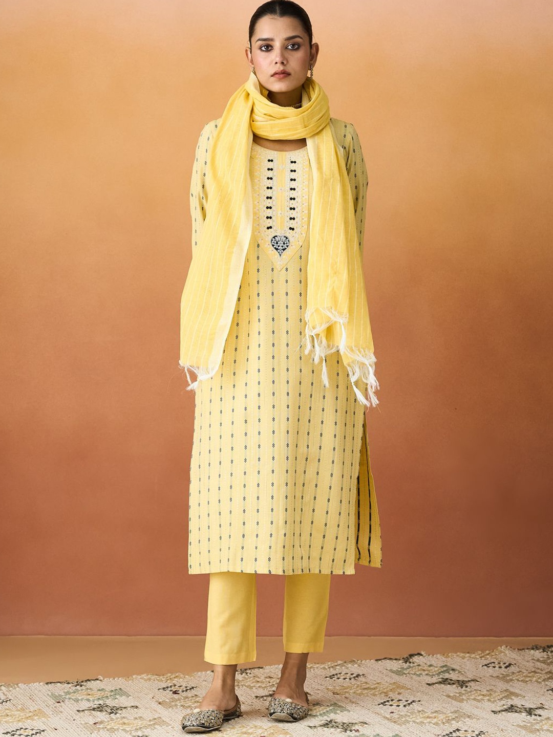 

HRITIKA Woven Design Straight Kurta With Trousers And Dupatta, Yellow