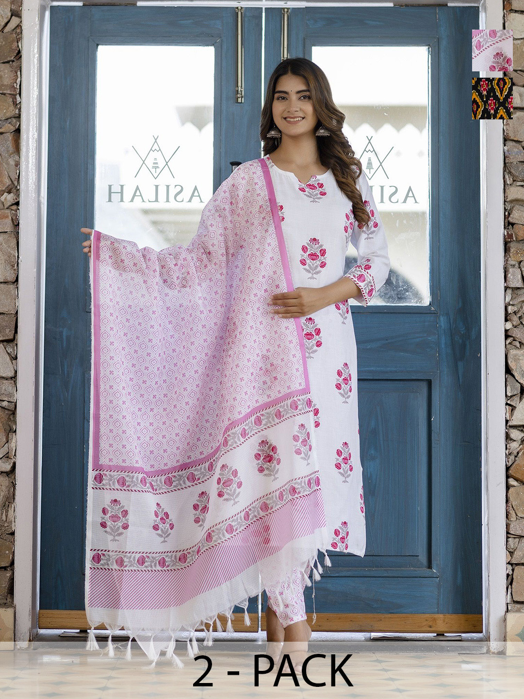 

KALINI Selection Of 2 Floral Printed Notch Neck Straight Kurtas With Trousers And Dupatta, White