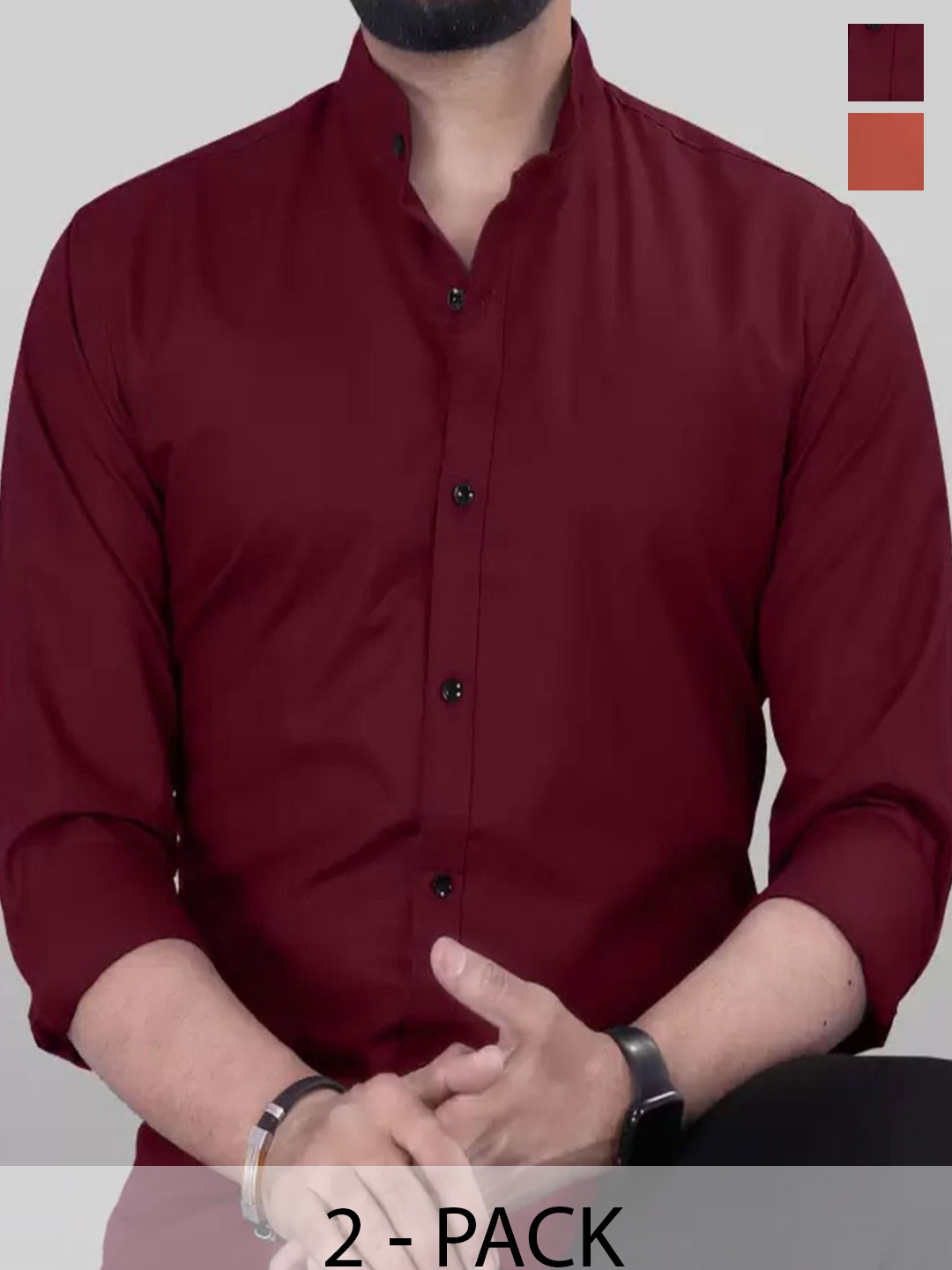 

Tanip Men Pack Of 2 Band Collar Solid Cotton Casual Shirts, Maroon