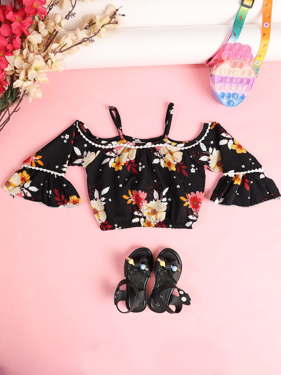 

Cutiekins Girls Floral Embellished Crop Top, Black