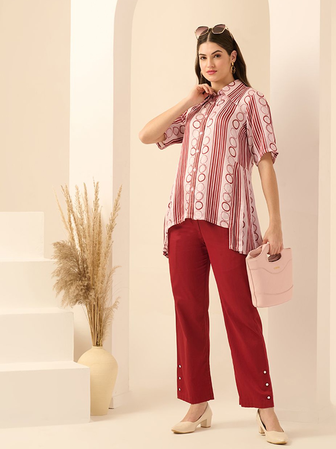 

First Resort by Ramola Bachchan Women Comfort Fit Band Collar Geometric Printed Shirt, Pink
