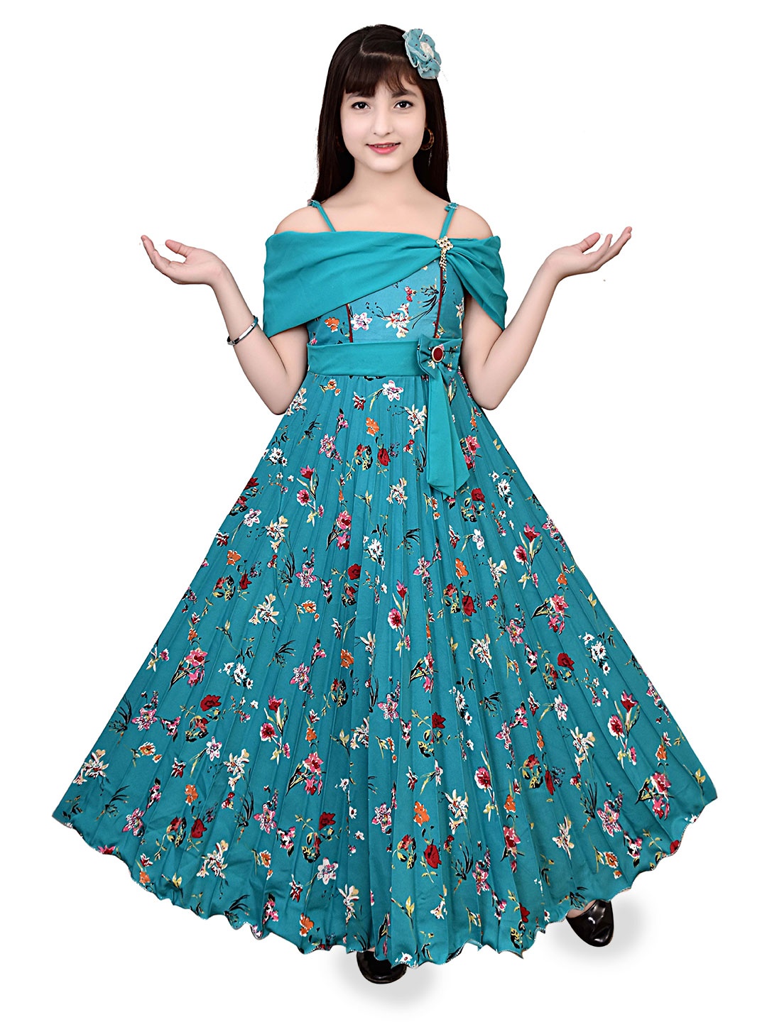 

AJIZA GARMENTS Girls Floral Printed A-Line Maxi Dress, Green
