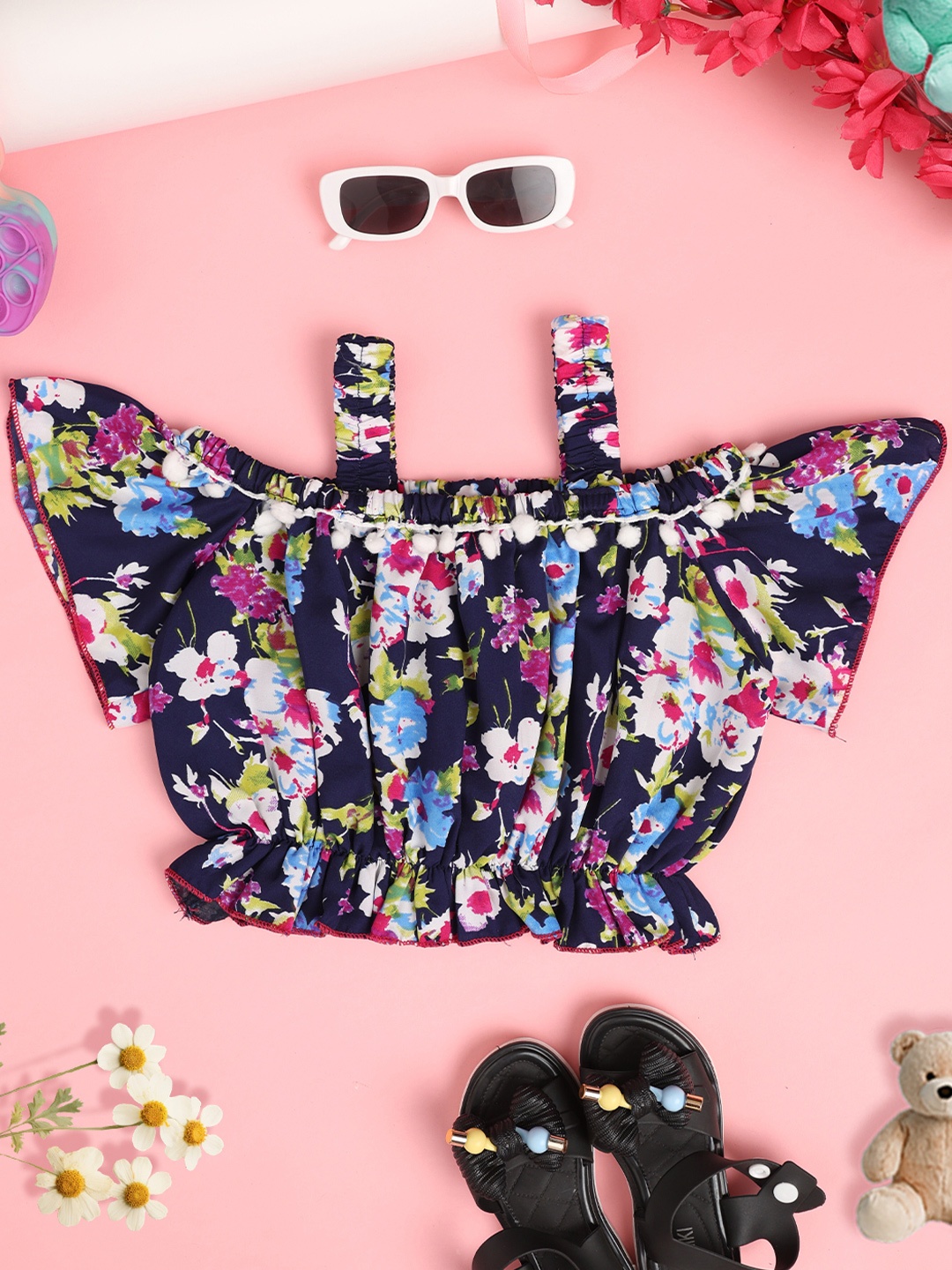 

Cutiekins Girls Floral Embellished Ruffles Crop Top, Navy blue