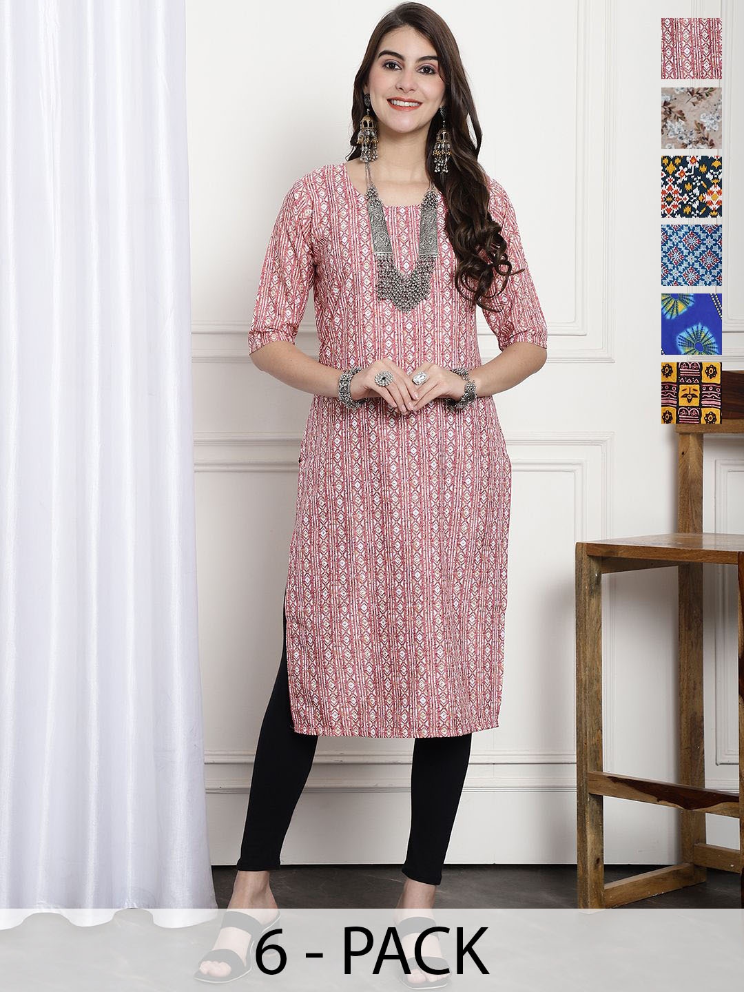 

7Threads Selection 0f 6 Ethnic Motifs Printed Round Neck Straight Crepe Kurta, Pink