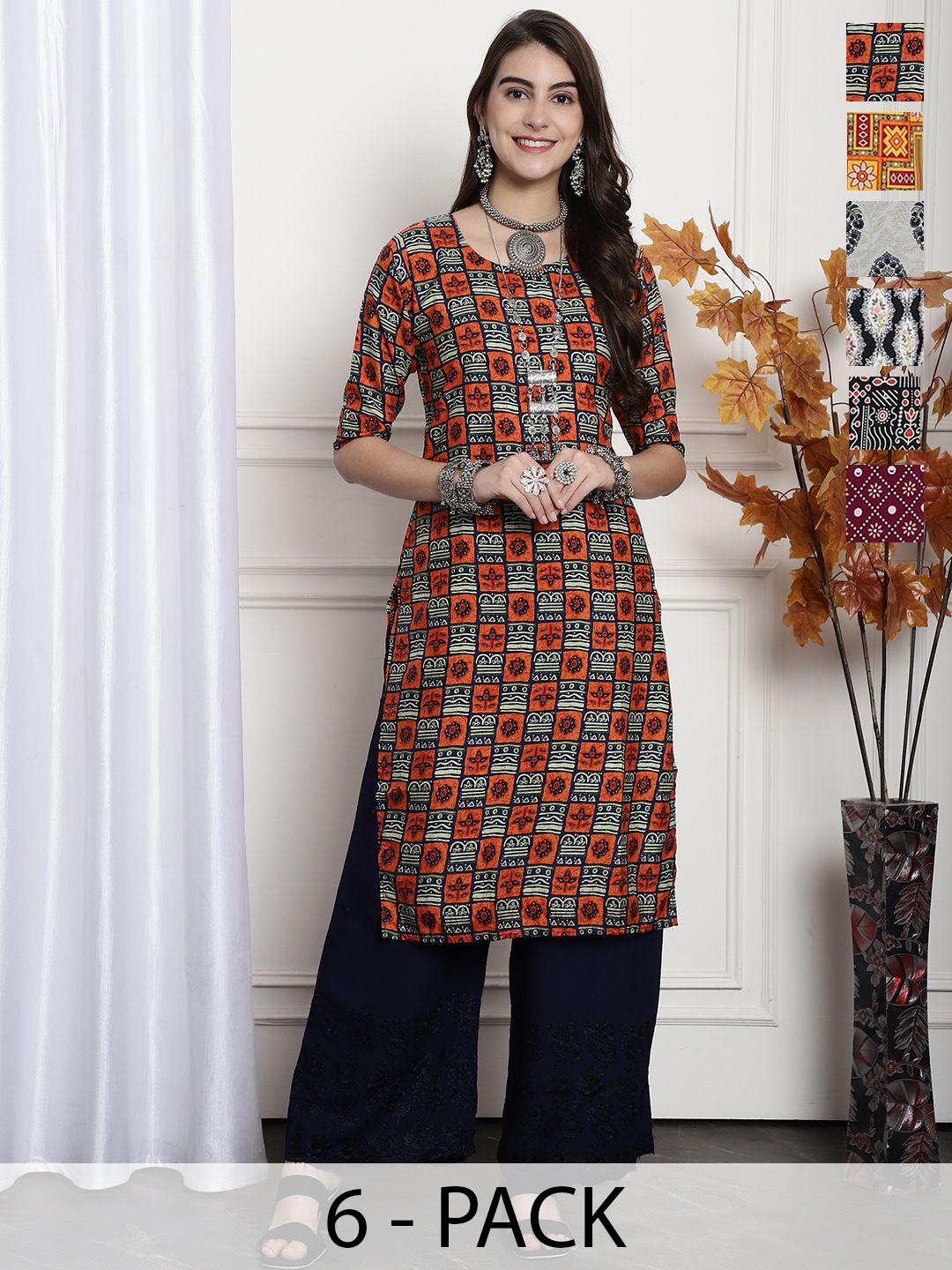

7Threads Selection 0f 6 Ethnic Motifs Printed Round Neck Straight Crepe Kurta, Red