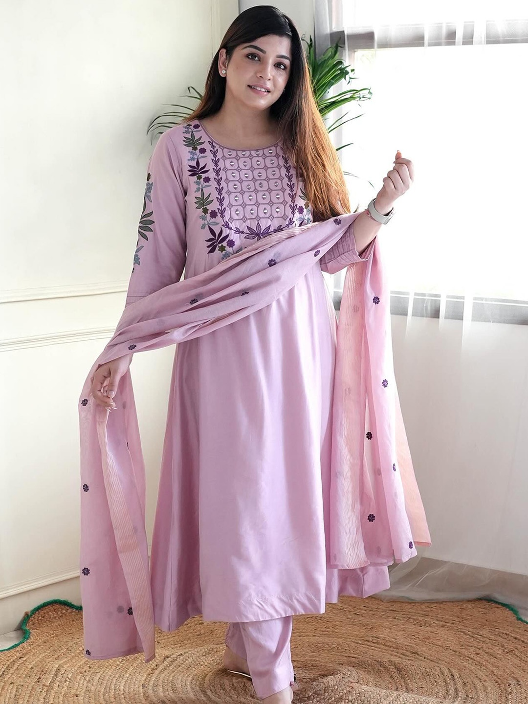 

KALINI Floral Embroidered Patch work Chanderi Silk A-Line Kurta with Trousers And Dupatta, Lavender