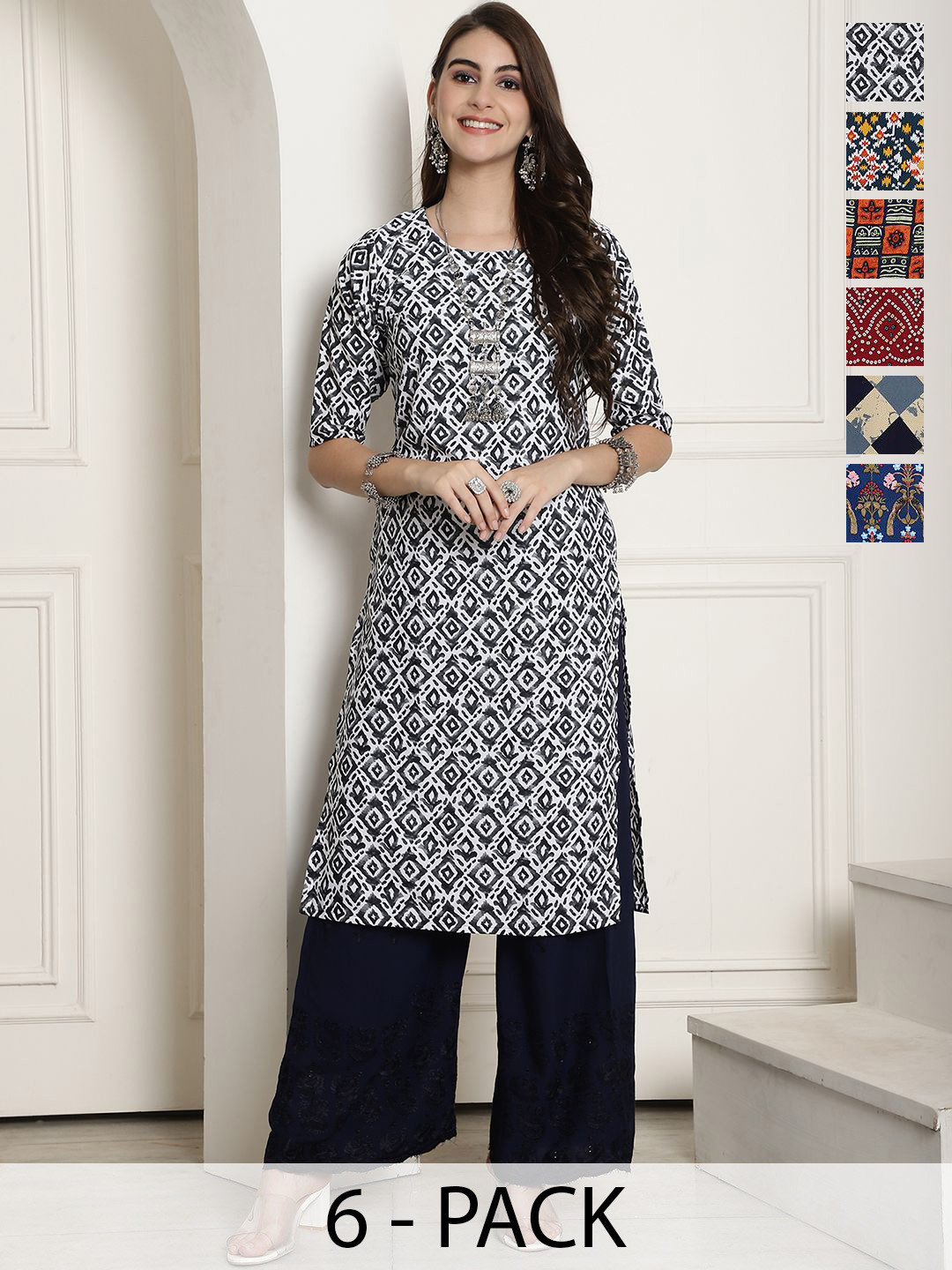 

7Threads Selection 0f 6 Ethnic Motifs Printed Round Neck Straight Crepe Kurta, White