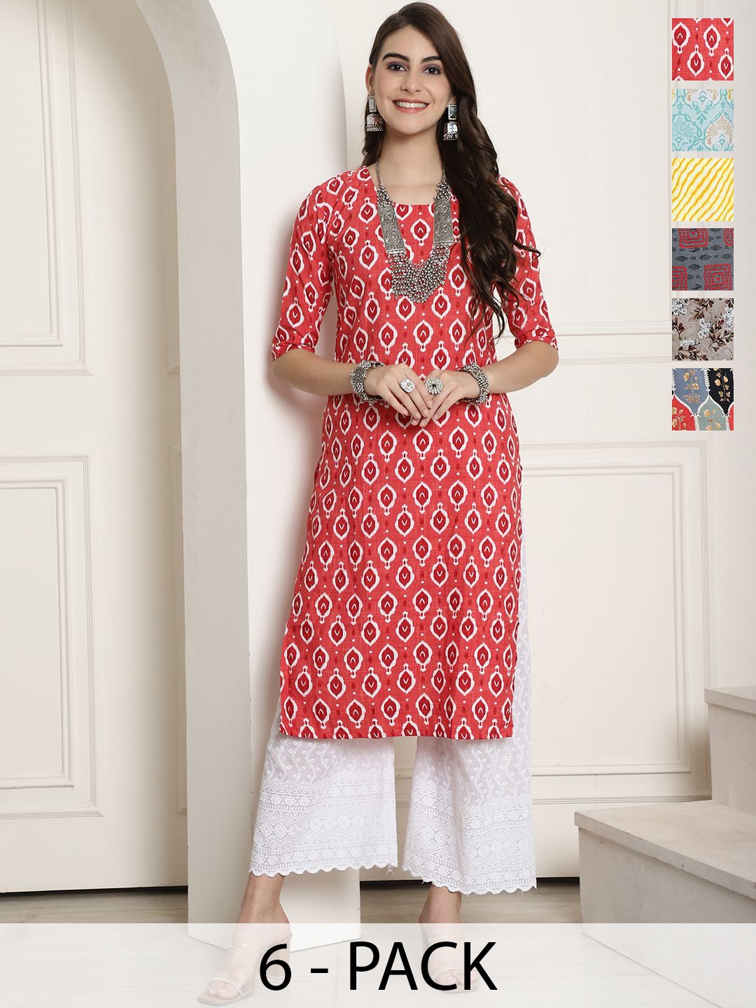 

7Threads Selection 0f 6 Ethnic Motifs Printed Round Neck Straight Crepe Kurta, Red