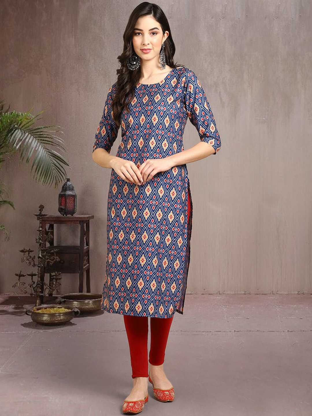 

7Threads Ethnic Motifs Printed Round Neck Straight Crepe Kurta, Blue