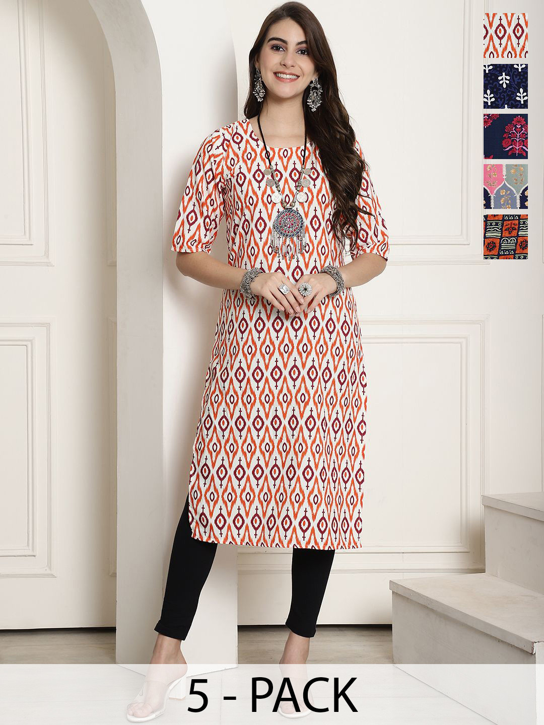 

7Threads Selection 0f 6 Ethnic Motifs Printed Round Neck Straight Crepe Kurta, Navy blue