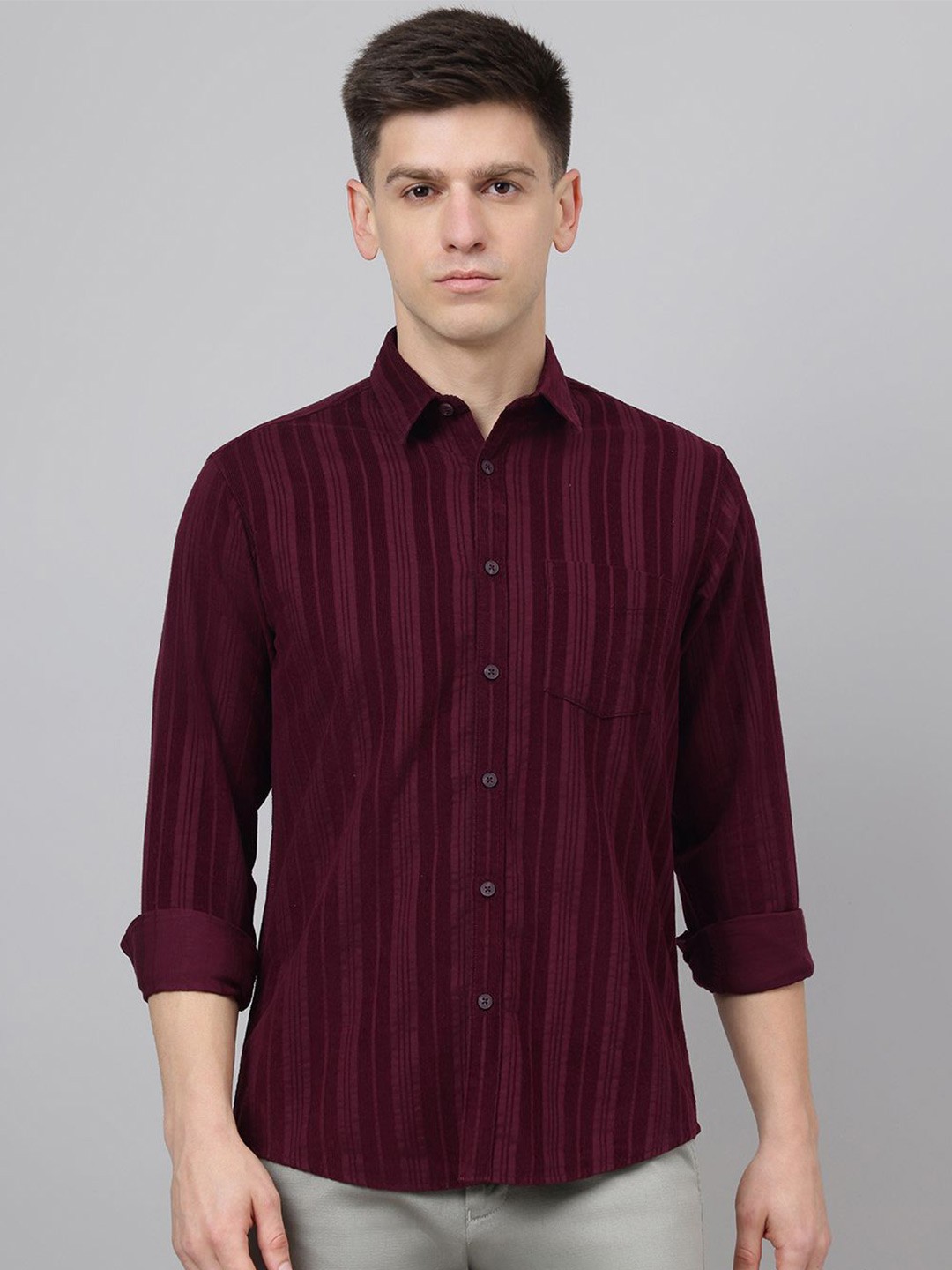 

Richlook Men Comfort Fit Spread Collar Vertical Striped Cotton Casual Shirt, Maroon